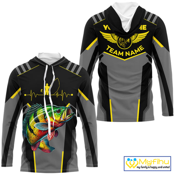 Personalized Black Peacock Bass Fishing jersey, Team Bass Fishing Long Sleeve tournament shirt| Yellow NQS9823