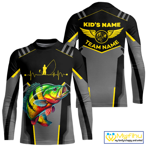 Personalized Black Peacock Bass Fishing jersey, Team Bass Fishing Long Sleeve tournament shirt| Yellow NQS9823