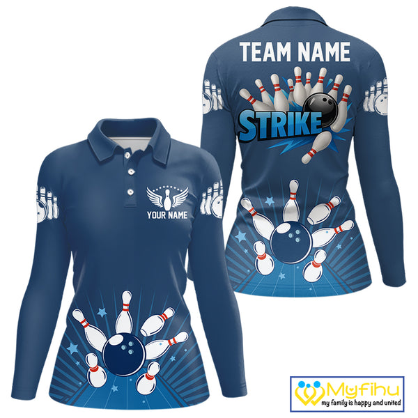 Strike Bowling Polo, Quarter-Zip Shirts For Women Custom Bowling Team Jerseys Bowlers Outfit | Blue NQS9926