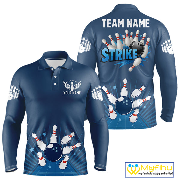 Strike Bowling Polo, Quarter-Zip Shirts For Men Custom Bowling Team Jerseys Bowlers Outfit | Blue NQS9926