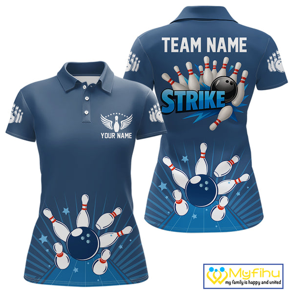 Strike Bowling Polo, Quarter-Zip Shirts For Women Custom Bowling Team Jerseys Bowlers Outfit | Blue NQS9926