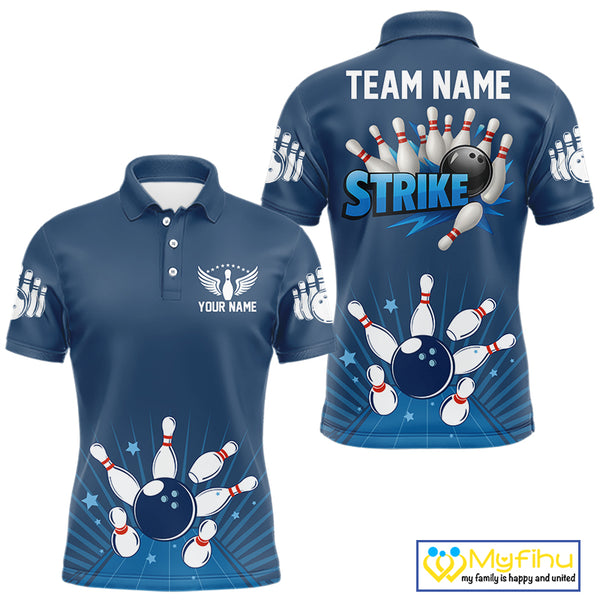 Strike Bowling Polo, Quarter-Zip Shirts For Men Custom Bowling Team Jerseys Bowlers Outfit | Blue NQS9926