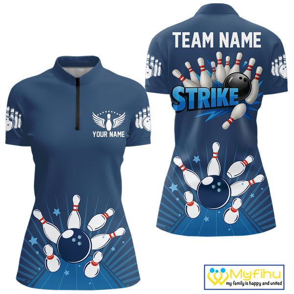 Strike Bowling Polo, Quarter-Zip Shirts For Women Custom Bowling Team Jerseys Bowlers Outfit | Blue NQS9926