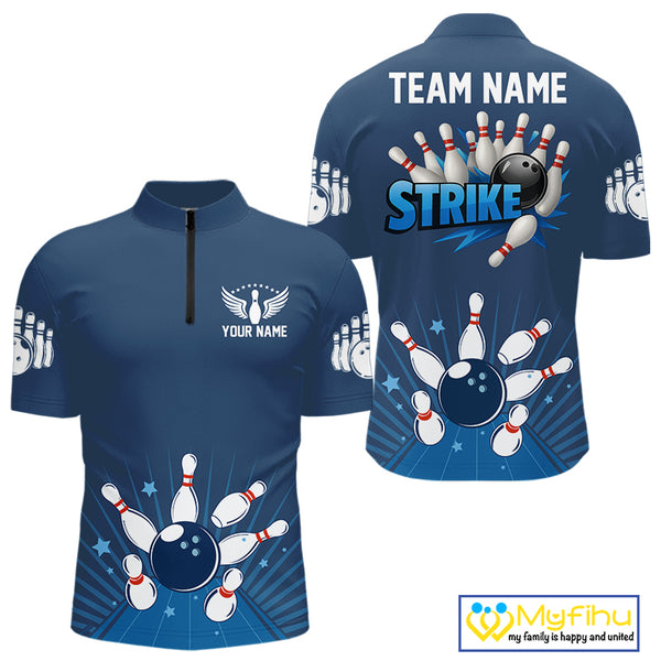 Strike Bowling Polo, Quarter-Zip Shirts For Men Custom Bowling Team Jerseys Bowlers Outfit | Blue NQS9926