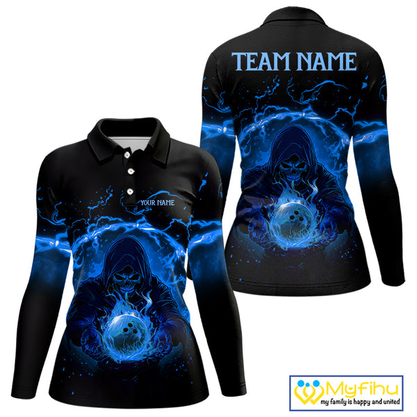 Women bowling polo, 1/4 zip shirts Custom blue flame skull bowling team jerseys, gift for Bowlers NQS10056