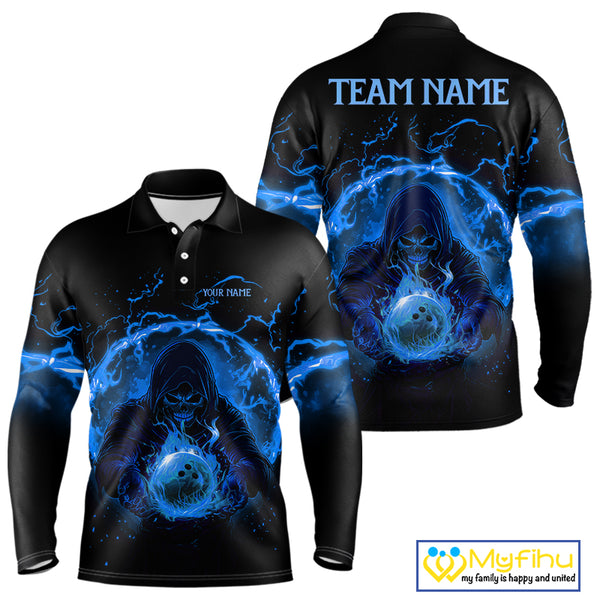 Mens bowling polo, 1/4 zip shirts Custom blue flame skull bowling team jerseys, gift for Bowlers NQS10056