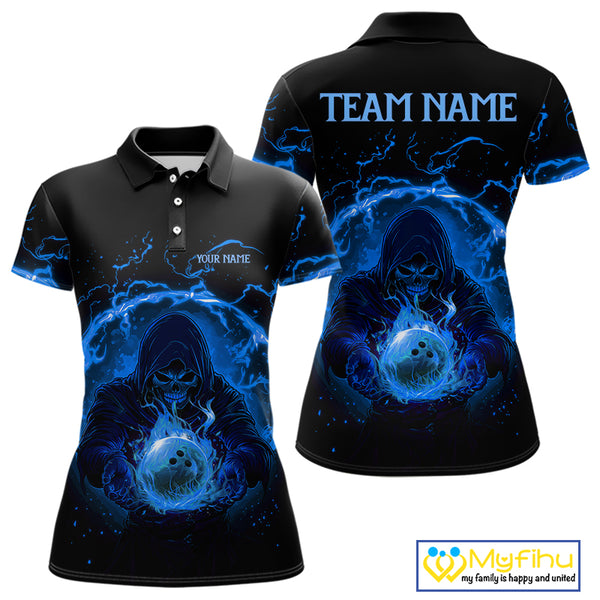 Women bowling polo, 1/4 zip shirts Custom blue flame skull bowling team jerseys, gift for Bowlers NQS10056