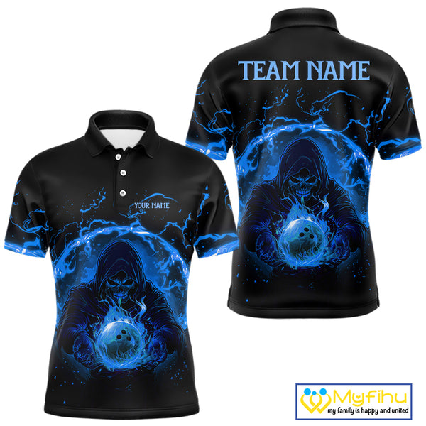 Mens bowling polo, 1/4 zip shirts Custom blue flame skull bowling team jerseys, gift for Bowlers NQS10056