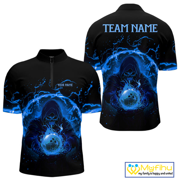 Mens bowling polo, 1/4 zip shirts Custom blue flame skull bowling team jerseys, gift for Bowlers NQS10056