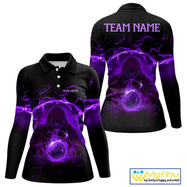 Women bowling polo, 1/4 zip shirts Custom purple flame skull bowling team jerseys, gift for Bowlers NQS10057