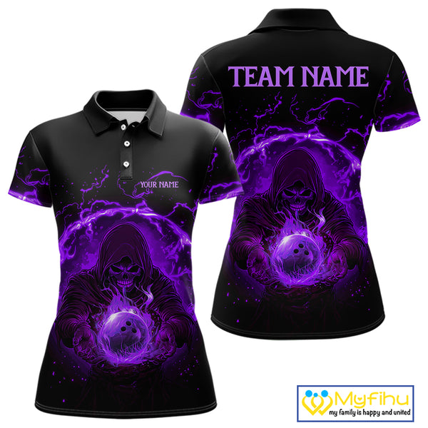 Women bowling polo, 1/4 zip shirts Custom purple flame skull bowling team jerseys, gift for Bowlers NQS10057