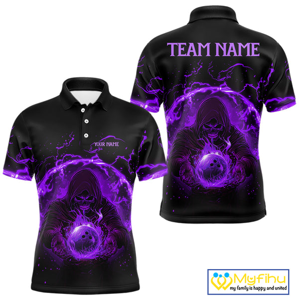 Mens bowling polo, 1/4 zip shirts Custom purple flame skull bowling team jerseys, gift for Bowlers NQS10057