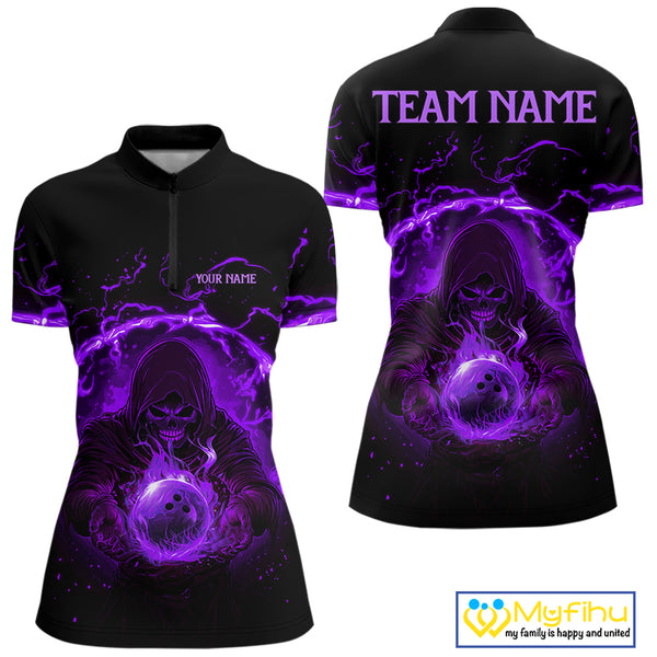 Women bowling polo, 1/4 zip shirts Custom purple flame skull bowling team jerseys, gift for Bowlers NQS10057