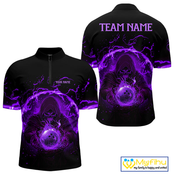Mens bowling polo, 1/4 zip shirts Custom purple flame skull bowling team jerseys, gift for Bowlers NQS10057