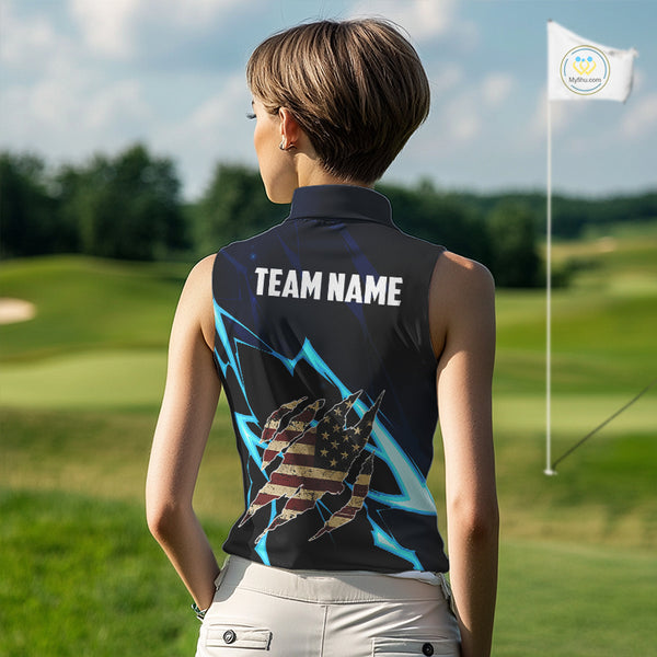 Vintage American Flag blue lightning Women Sleeveless polos Custom patriotic Golf outfit For ladies NQS10059