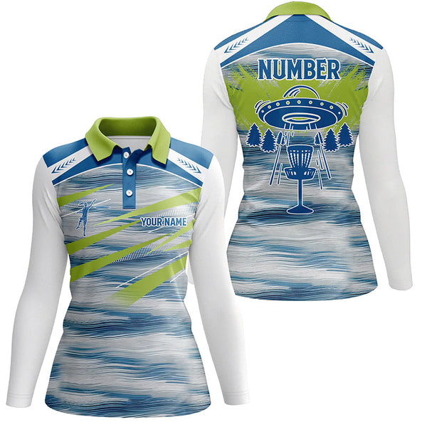 Womens disc golf polo shirt custom blue camo Alien disc golf basket, personalized disc golf gift NQS5855