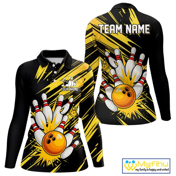 Black and Yellow Bowling Polo, 1/4 Zip Shirt for Women Custom Bowling Team shirts for bowlers NQS10365