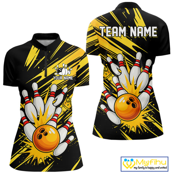Black and Yellow Bowling Polo, 1/4 Zip Shirt for Women Custom Bowling Team shirts for bowlers NQS10365