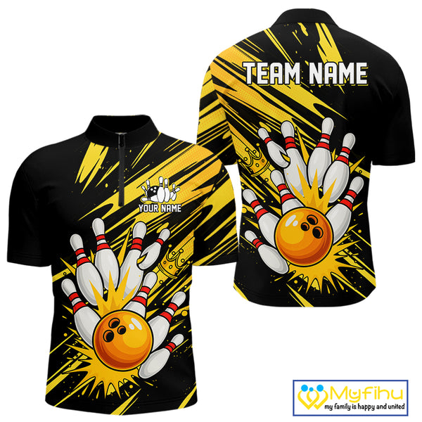 Black and Yellow Bowling Polo, 1/4 Zip Shirt for Men Custom Bowling Team shirts for bowlers NQS10365