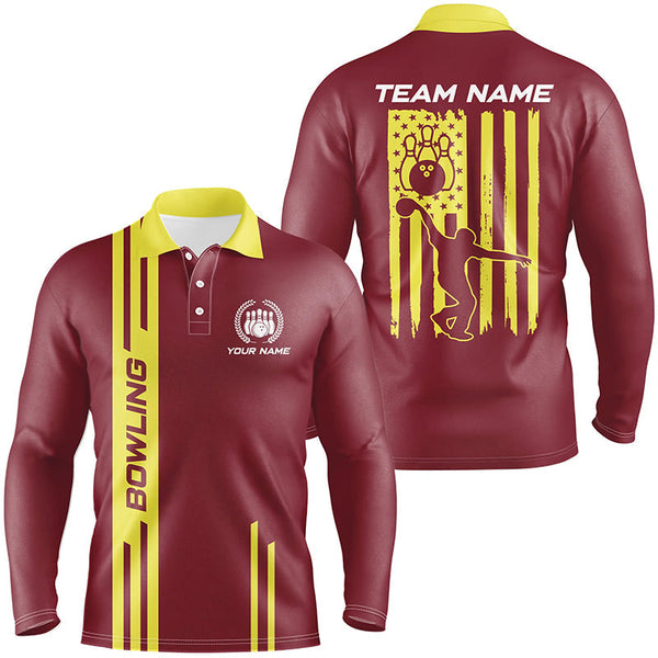 Red and Yellow Retro Bowling Shirts For Men Custom American Flag Patriotic Bowling Team League Jerseys NQS8407
