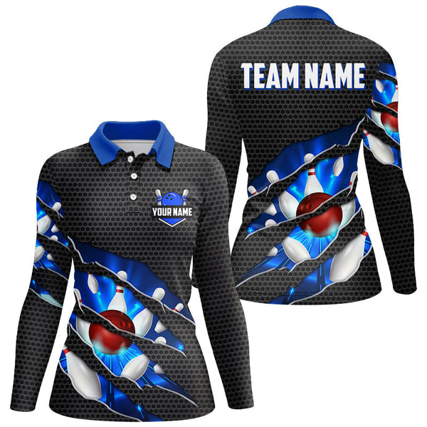 Black and Blue Scratch Bowling Polo, Quarter Zip Shirt For Women Custom name Team Bowling Jerseys NQS8616