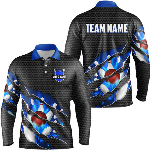 Black and Blue Scratch Bowling Polo, Quarter Zip Shirt For Men Custom name Team Bowling Jerseys NQS8616