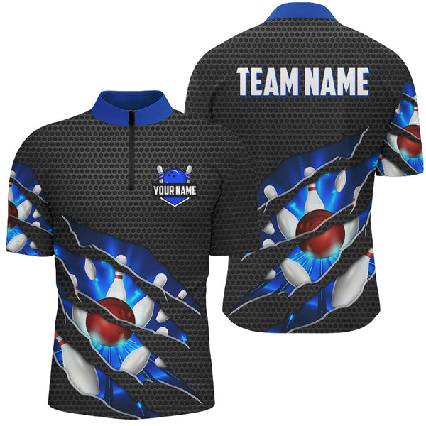 Black and Blue Scratch Bowling Polo, Quarter Zip Shirt For Men Custom name Team Bowling Jerseys NQS8616