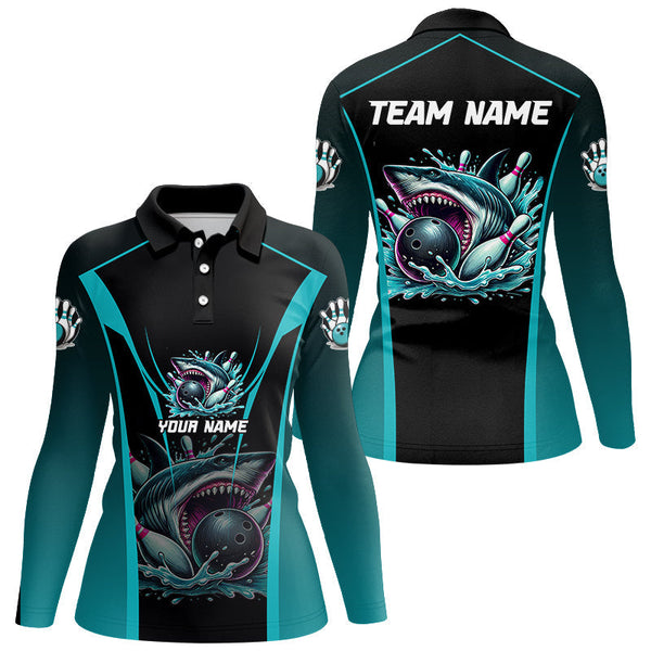 Cyan Blue Shark Bowling Team Women bowling shirts Custom Team Bowling League Jerseys, Uniform Outfits NQS8844