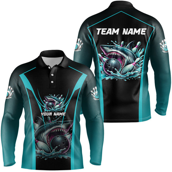 Cyan Blue Shark Bowling Team Men bowling shirts Custom Team Bowling League Jerseys, Uniform Outfits NQS8844