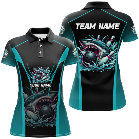 Cyan Blue Shark Bowling Team Women bowling shirts Custom Team Bowling League Jerseys, Uniform Outfits NQS8844