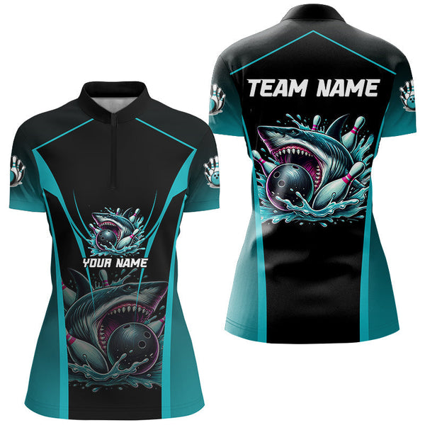 Cyan Blue Shark Bowling Team Women bowling shirts Custom Team Bowling League Jerseys, Uniform Outfits NQS8844