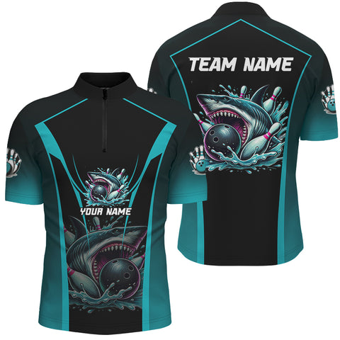 Cyan Blue Shark Bowling Team Men bowling shirts Custom Team Bowling League Jerseys, Uniform Outfits NQS8844