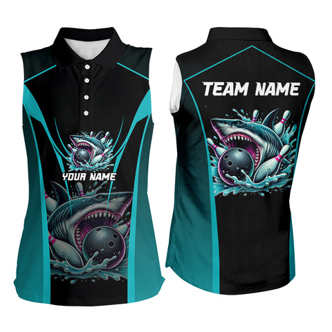 Cyan Blue Shark Bowling Women Sleeveless Polo shirt Custom Team Bowling League Jersey, Uniform Outfits NQS8844