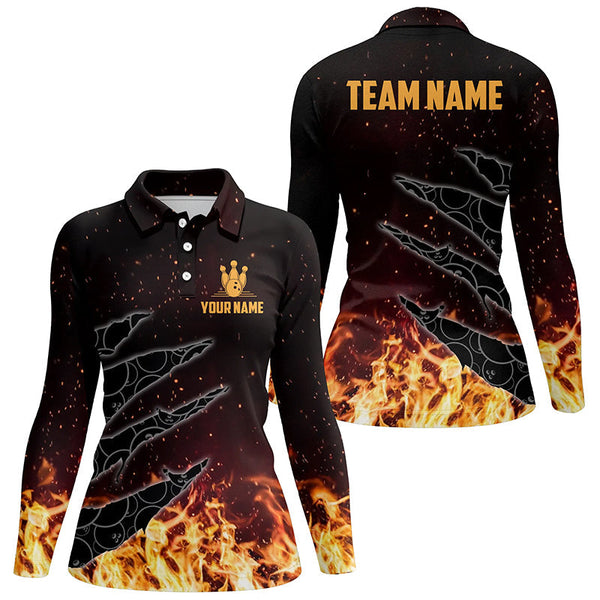 Bowling polo shirts for women custom flame camo bowling team jerseys, gifts for bowlers NQS6954
