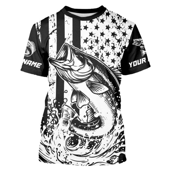 Black and White American Flag Largemouth Bass Fishing Custom patriotic Bass fishing jerseys NQS9112