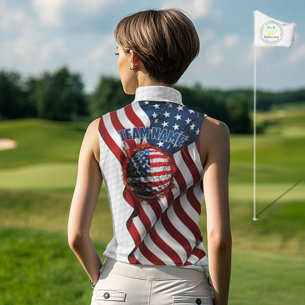 American Flag Women Golf sleeveless Polo Shirt Custom team golf jerseys, patriotic golf shirts NQS9930
