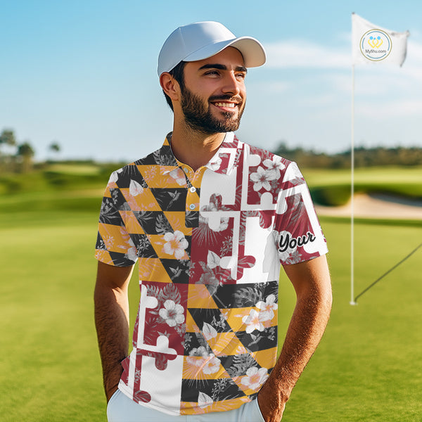 Maryland Flag tropical flower pattern Mens Golf polo shirts Custom mens patriotic golf shirts NQS10064