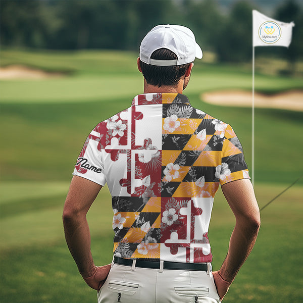 Maryland Flag tropical flower pattern Mens Golf polo shirts Custom mens patriotic golf shirts NQS10064