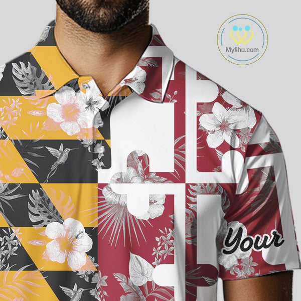 Maryland Flag tropical flower pattern Mens Golf polo shirts Custom mens patriotic golf shirts NQS10064