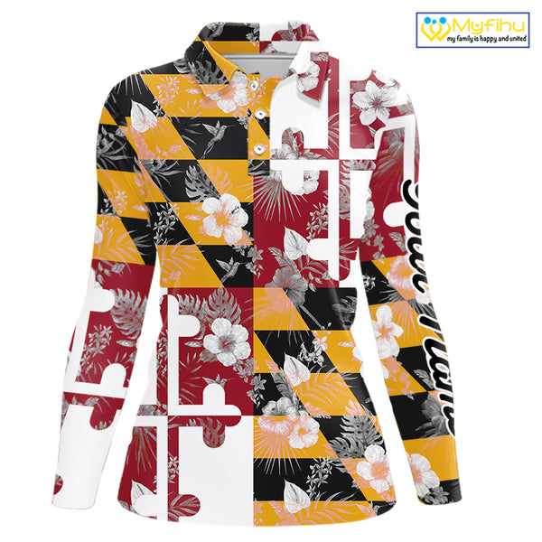 Maryland Flag tropical flower pattern Women Golf polo shirts Custom ladies patriotic golf shirts NQS10064