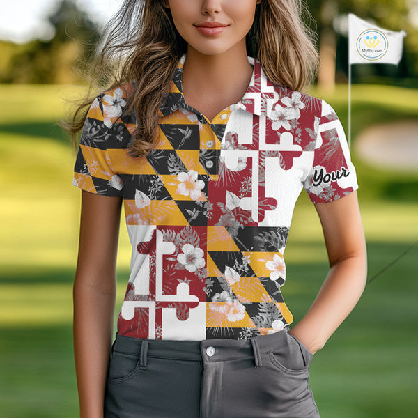 Maryland Flag tropical flower pattern Women Golf polo shirts Custom ladies patriotic golf shirts NQS10064
