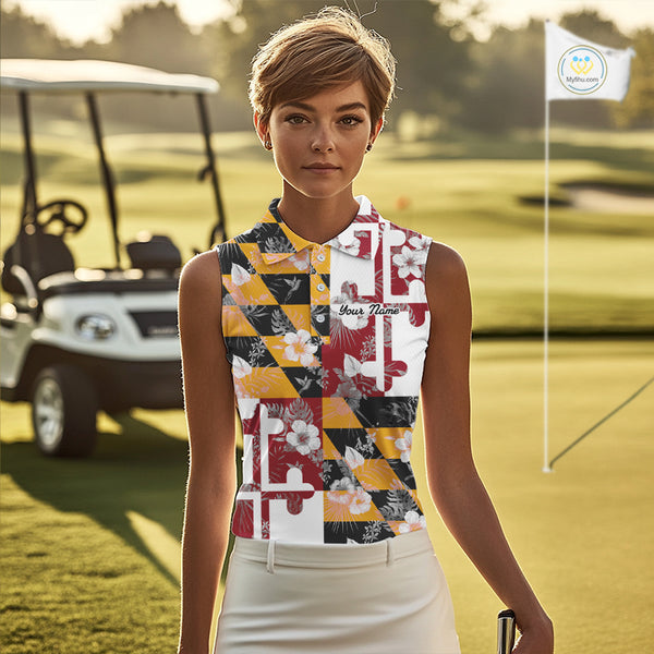 Maryland Flag tropical flower pattern Women Sleeveless polo shirt Custom ladies patriotic golf shirts NQS10064