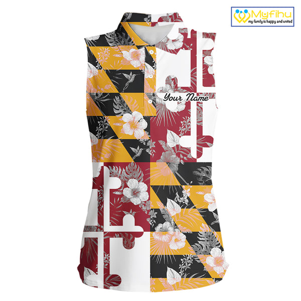 Maryland Flag tropical flower pattern Women Sleeveless polo shirt Custom ladies patriotic golf shirts NQS10064