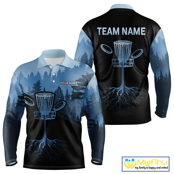 Black and Blue forest camo Mens Disc golf polo shirts Custom team disc golf wear, disc golf outfit NQS10065