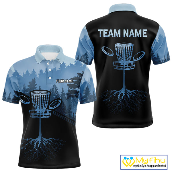 Black and Blue forest camo Mens Disc golf polo shirts Custom team disc golf wear, disc golf outfit NQS10065