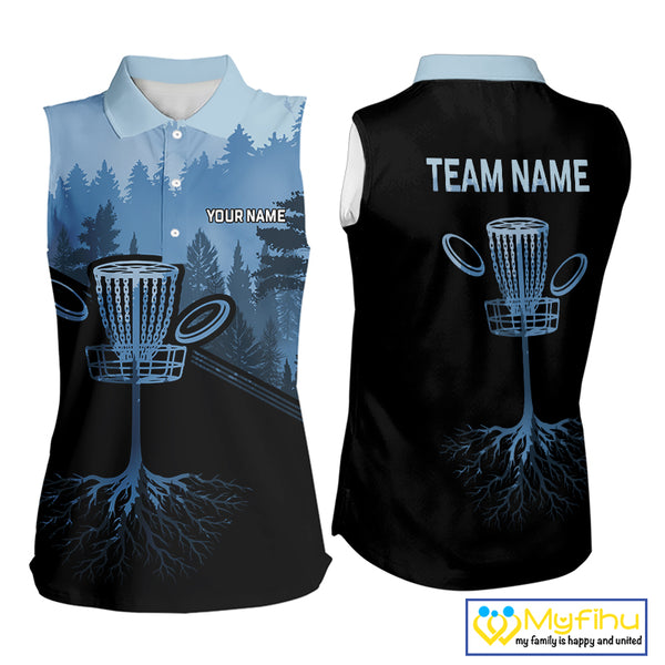 Black and Blue forest camo Womens sleeveless Disc golf polo shirts Custom team ladies disc golf wear NQS10065
