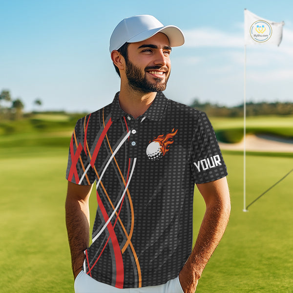 Mens Golf polo shirts flame golf ball sport Custom golf outfit for men, unique golf gifts | Black NQS10066
