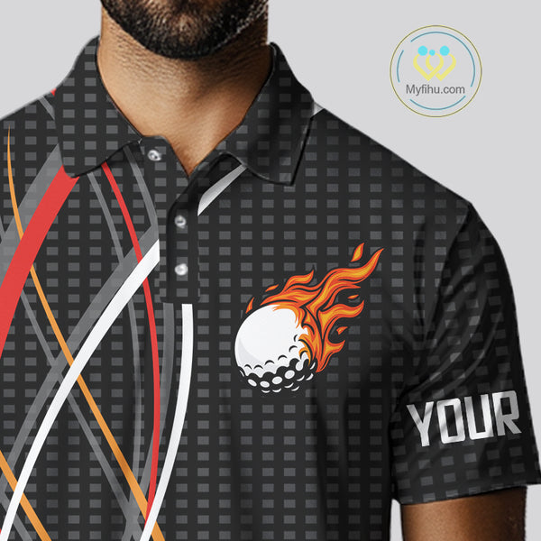 Mens Golf polo shirts flame golf ball sport Custom golf outfit for men, unique golf gifts | Black NQS10066