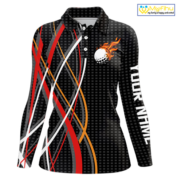 Women Golf polo shirts flame golf ball sport Custom golf outfit for ladies, unique golf gifts | Black NQS10066