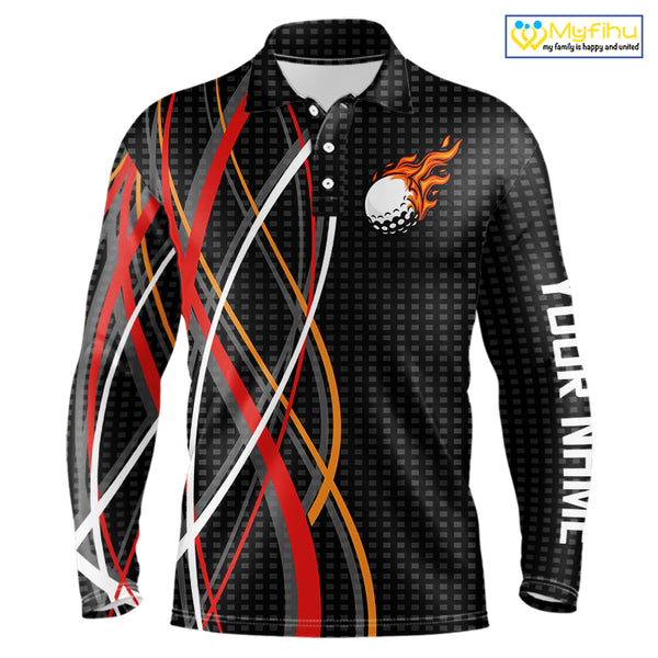 Mens Golf polo shirts flame golf ball sport Custom golf outfit for men, unique golf gifts | Black NQS10066